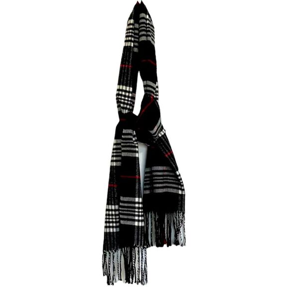 Cashmere Feel Black Plaid Neck Scarf Soft Comfy Cozy Warm Dark Goth Grunge 70x12 - Picture 2 of 6